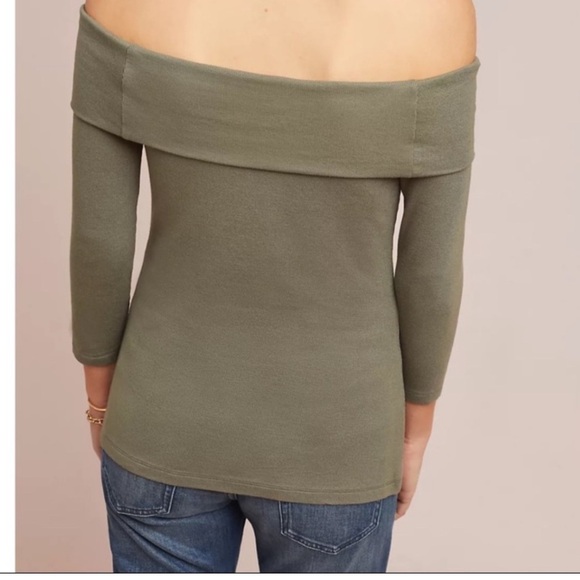 Anthropologie Copeland Ribbed Off the Shoulder Cowl Neck Olive 3/4 Sleeve M - Picture 4 of 6